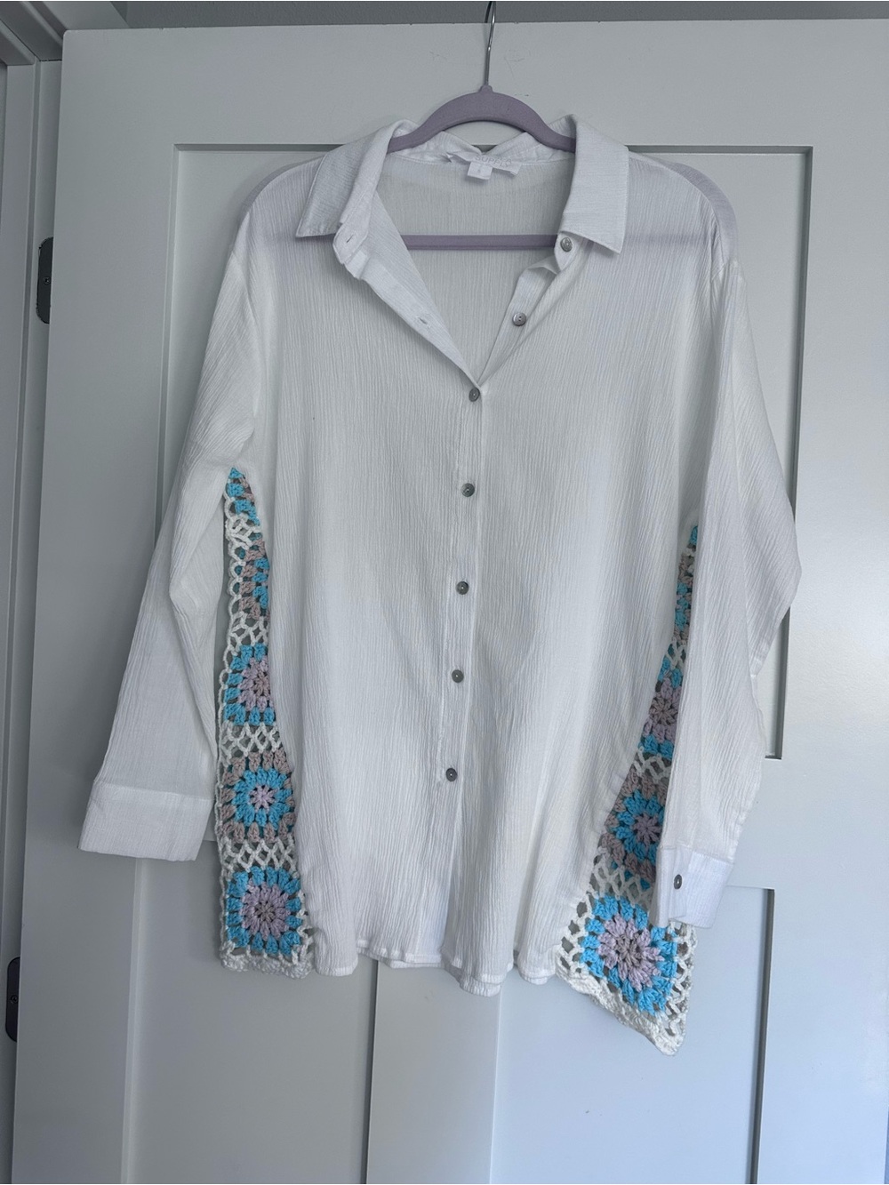 White Button-Front Tunic with Crochet Side Panels